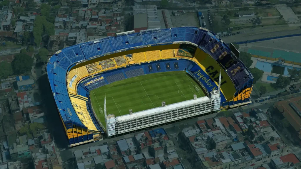 Aerial image of La Bombonera Stadium in Buenos Aires, showing its unique asymmetrical design (Google Earth)