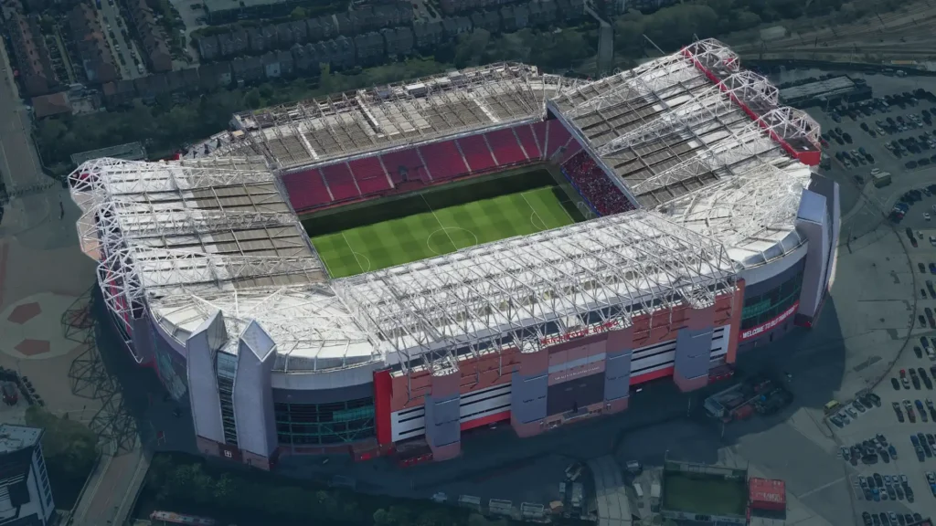 Top view of Old Trafford, Manchester — the legendary Theatre of Dreams, with its four iconic stands clearly visible from above (Google Earth)