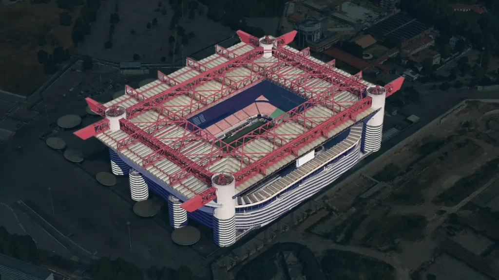 Top view of San Siro Stadium in Milan — an iconic football temple captured from above (Google Earth)
