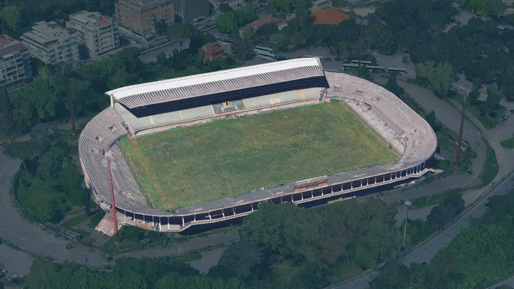 Aerial perspective of Stadio Flaminio in Rome — a forgotten architectural masterpiece by Pier Luigi Nervi, now surrounded by greenery (Google Earth)